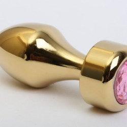 Золотистая анальная пробка с широким основанием и розовым кристаллом - 7,8 см.
